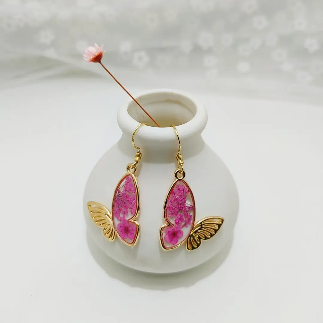 Fashion Dry Flower Drop Glue Butterfly Earrings
