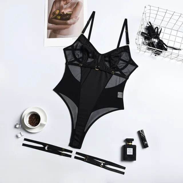 One piece Backless Women Black Mesh Patchwork Bodysuit Black - Shop at LoveMi