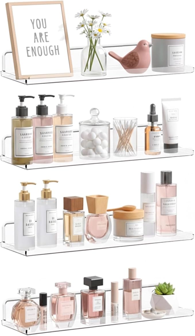 4-Pack 14-Inch Clear Acrylic Floating Wall Shelves, Modern Organizer For Home, Bedroom, Bathroom And Office