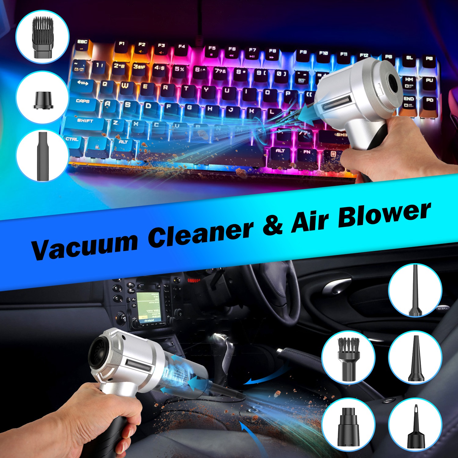 1Pc Cordless Car Vacuum Cleaner Portable Handheld Vacuum With 20000PA Suction Brushless Motor 3 Suction Levels Type-C Rechargeable Compressed Air Duster Blower For Home Car Camp Office