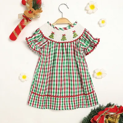 Toddler Infant Baby Girls Christmas Dress Short Sleeve Christmas Tree Embroidered Plaid Casual Party Dresses