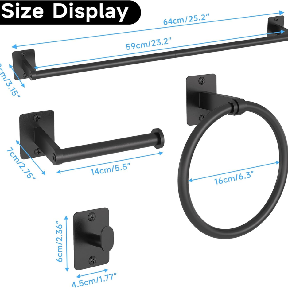 Black Bathroom Accessories Set 4-Piece Bathroom Hardware Set 24 Inch Towel Bar Robe Hooks Toilet Paper Holder 2