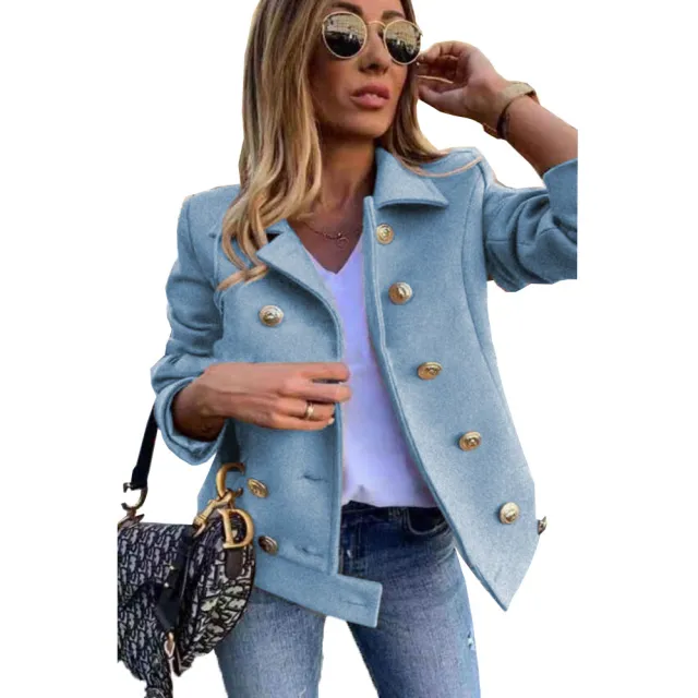 Autumn And Winter Slim Long sleeved Double breasted Suit Collar Woolen Coat Sky Blue - Shop at LoveMi