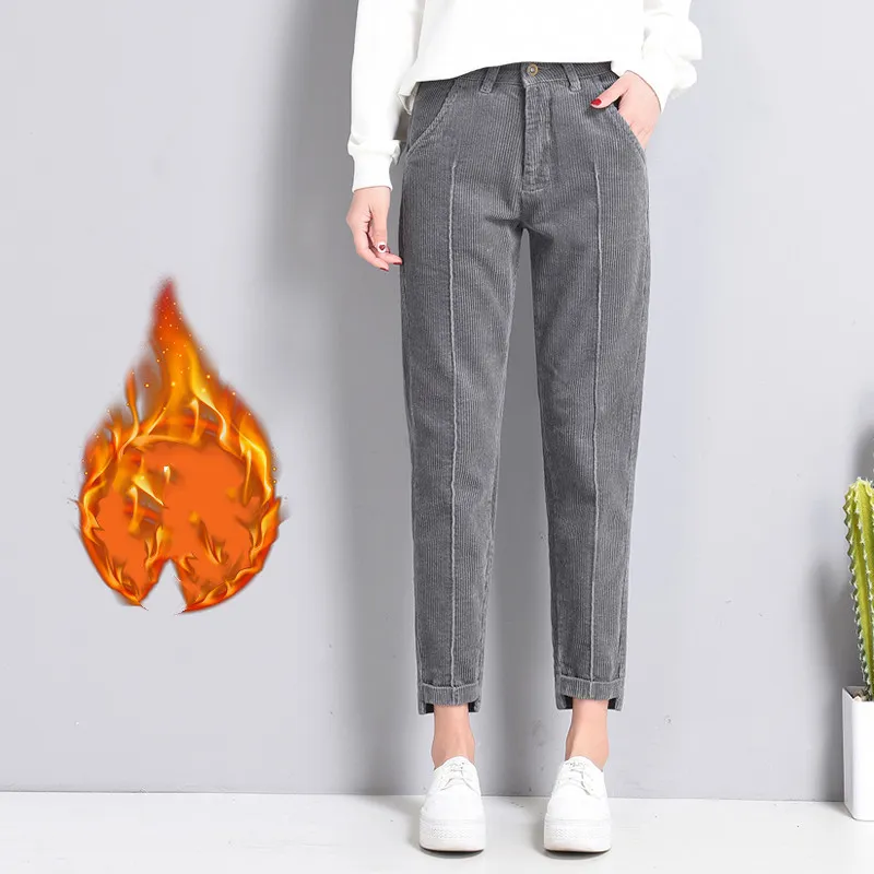 Loose Feet Pants Casual Radish Pants Corduroy Cropped Trousers - Plus Velvet Dark Grey