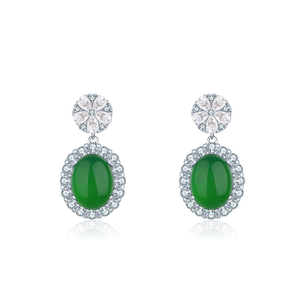 S925 Sterling Silver Dangle Earrings, 8x10mm Oval Green Chrysoprase, Platinum Plated Halo Drop Earrings For Women, Elegant Jewelry Gift Box Set