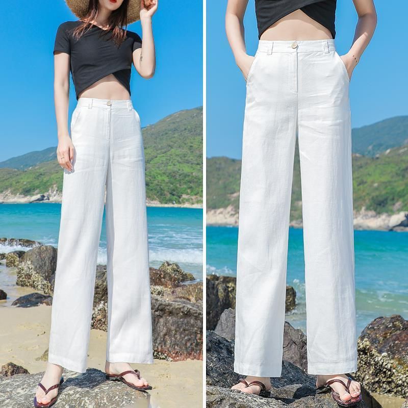 Title 2, Linen loose straight high waist slimming trousers