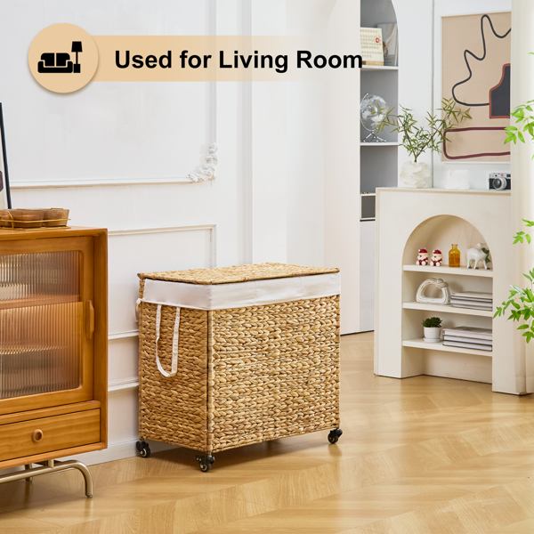 160L 3-Section Laundry Hamper With Lid And Wheels, Woven Natural Water Hyacinth Rolling Laundry Hamper — foto 5