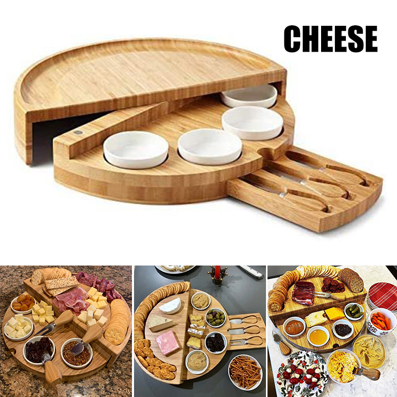Wooden cheese cutting board set rotating opening