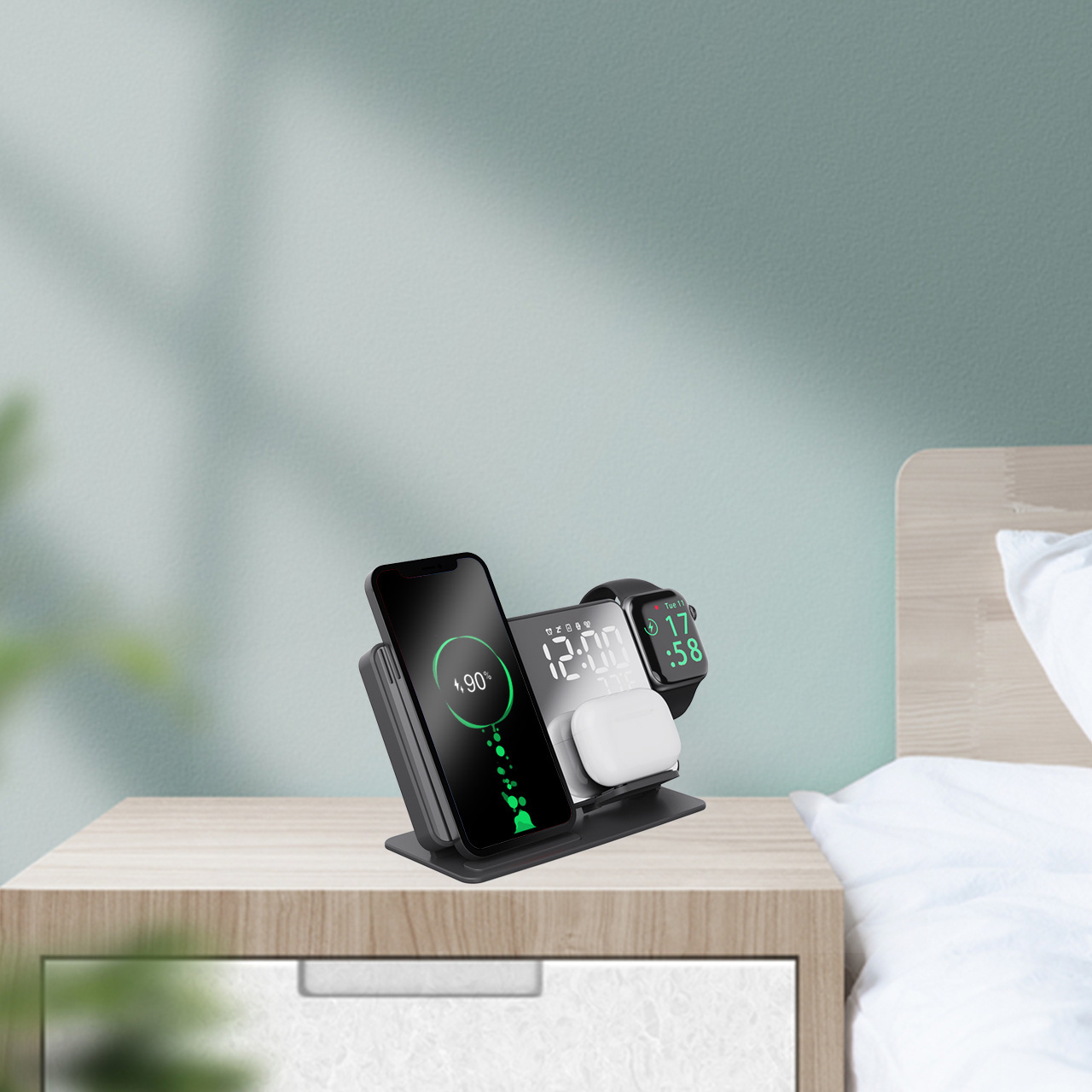 15W Watch Headset 4 In 1 Wireless Charger LED Digital Alarm Clock