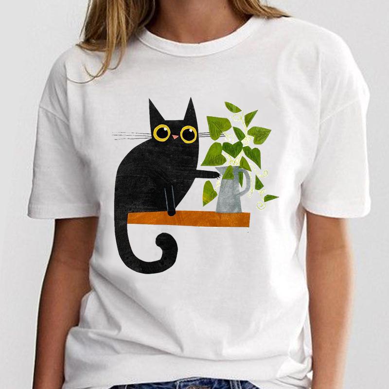 New Simple Cat Animal Cartoon Print Loose Round Neck Ladies White T-Shirt Short Sleeve