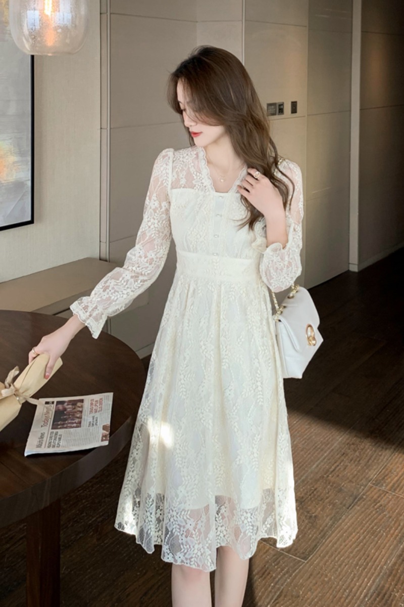 New French Sweet Temperament Lace Dress Female V-neck Long Sleeves