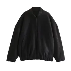 Standing Neck Loose Sleeved Pocket Jacket - Black - View 1