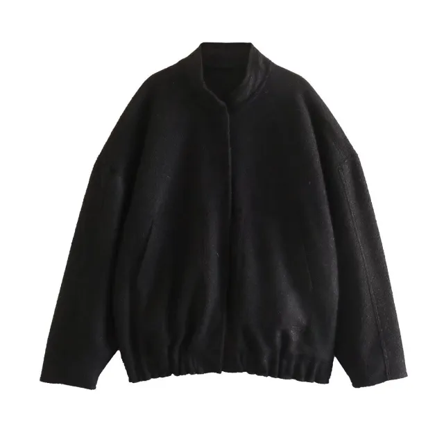 Standing Neck Loose Sleeved Pocket Jacket Black - Shop at LoveMi
