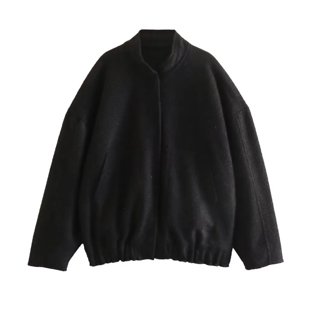 Standing Neck Loose Sleeved Pocket Jacket - Black