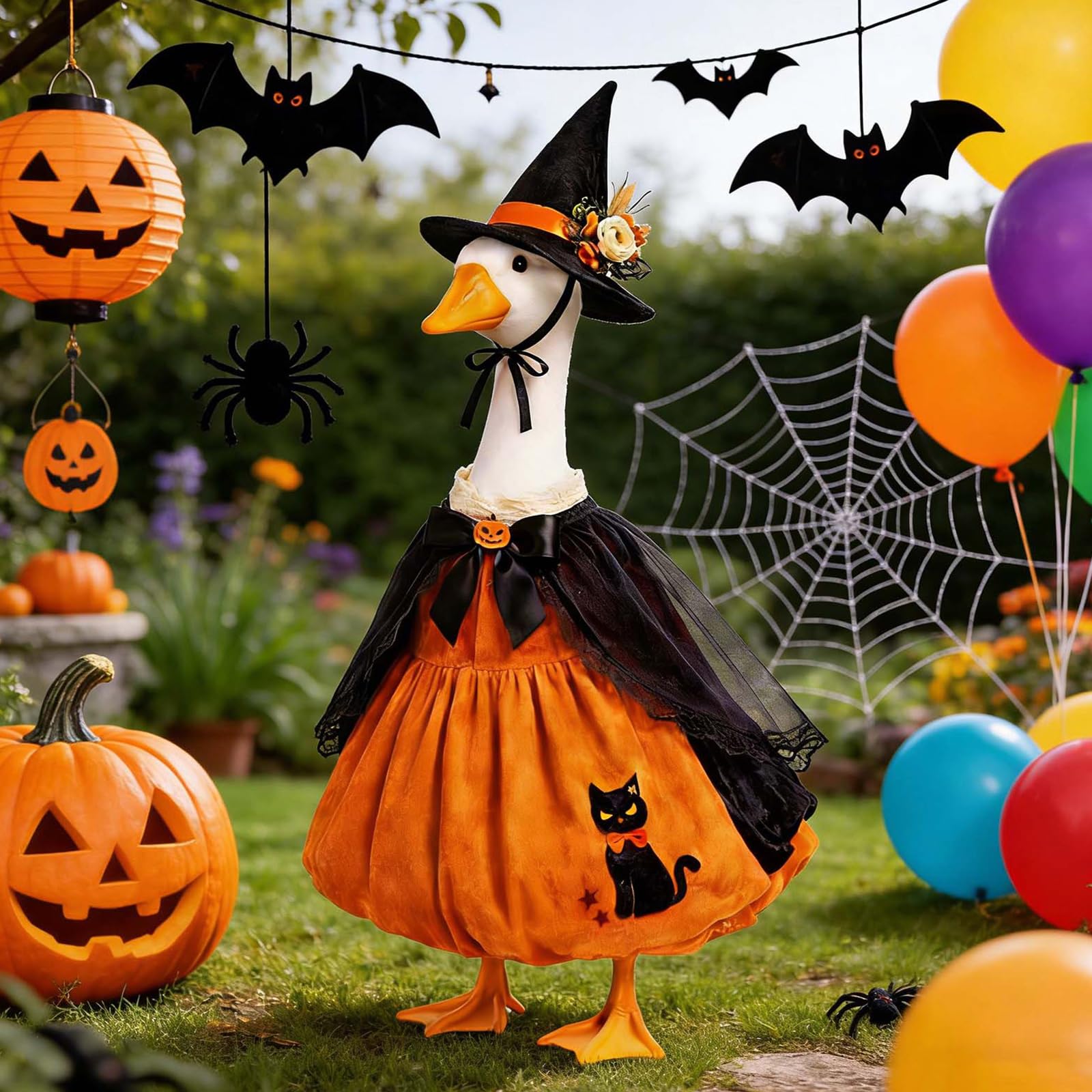 Halloween Porch Goose Outfits, Pumpkin Witch Black Cat Dress With Hat For 23'' Lawn Cement Plastic Goose Cute Porch Goose Outfit For Outdoor Garden Yard Decor