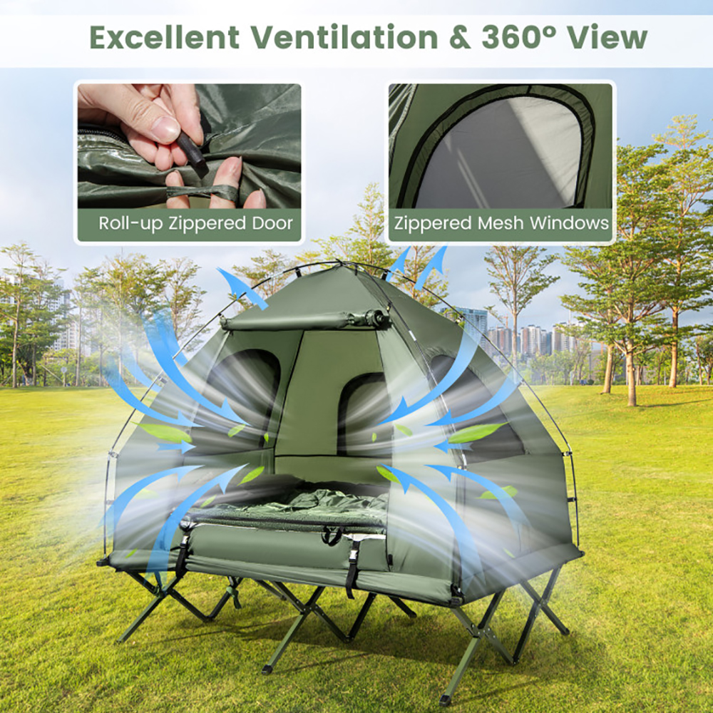 Foldable Outdoor Camping Tent Cot With Air Mattress And Sleeping Bag For Camping, Hiking, Fishing And Other Outdoor Activities