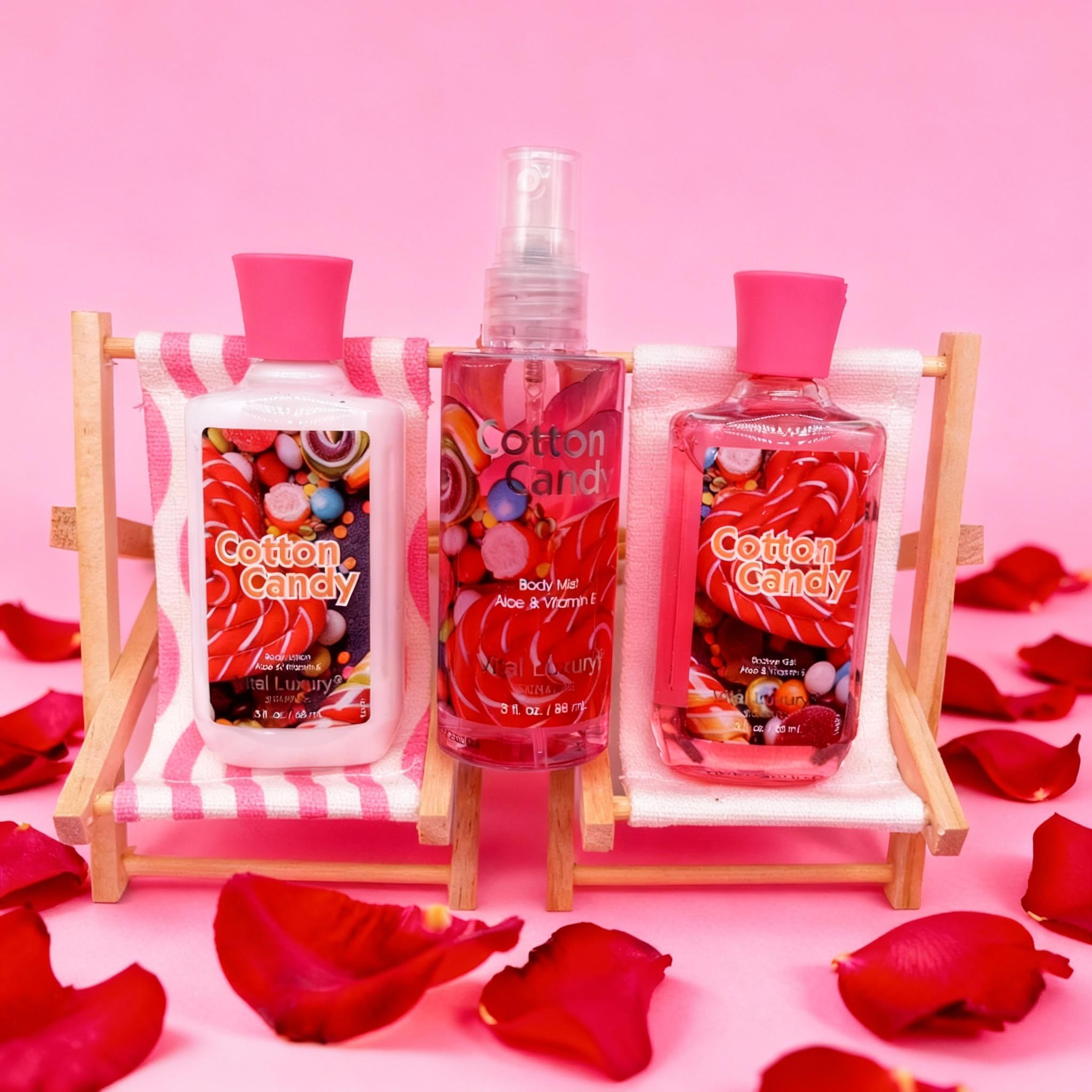 Portable 3pc Travel Body Care Kit-Cherry Blossom & Cotton Candy Fragrance-Refreshing Shower Gel, Moisturizing Lotion & Body Mist Set 7