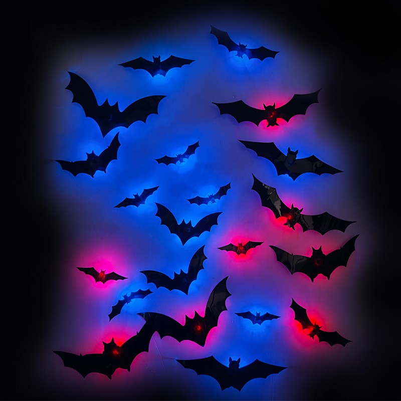 12-36pcs Bats Wall Decor Halloween Decorations 3D Realistic Bat With LED Lights — image 2