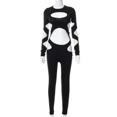 Jumpsuit Hollowed Out And Ripped Long Sleeved Casual Pants For Women - Black - View 1