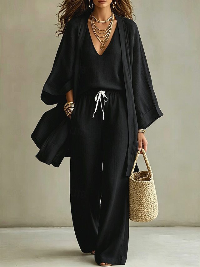 Women's Casual 3 Piece Outfit V-Neck Cami Top Open Front Cardigan And Drawstring Wide Leg Pants Set For Summer 3