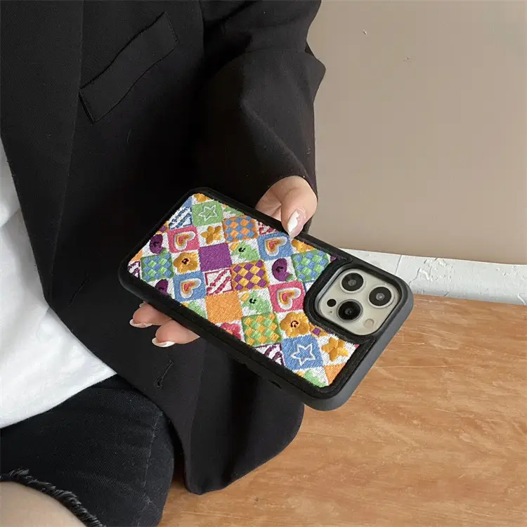 Embroidered Contrast Color Love Rhombus Mobile Phone Soft Case