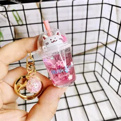 Cat Milk Tea Keychain Cute Girl - Pink - View 1