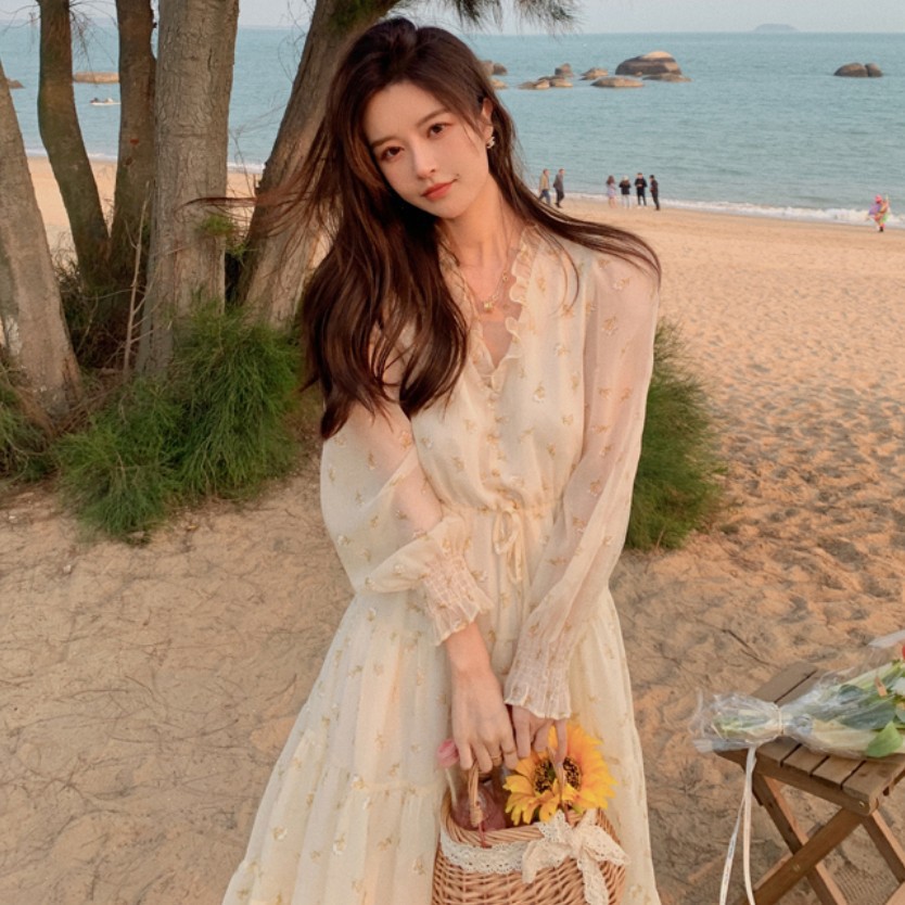 Floral Long Sleeve Women's Tea Break Gentle Style Dress