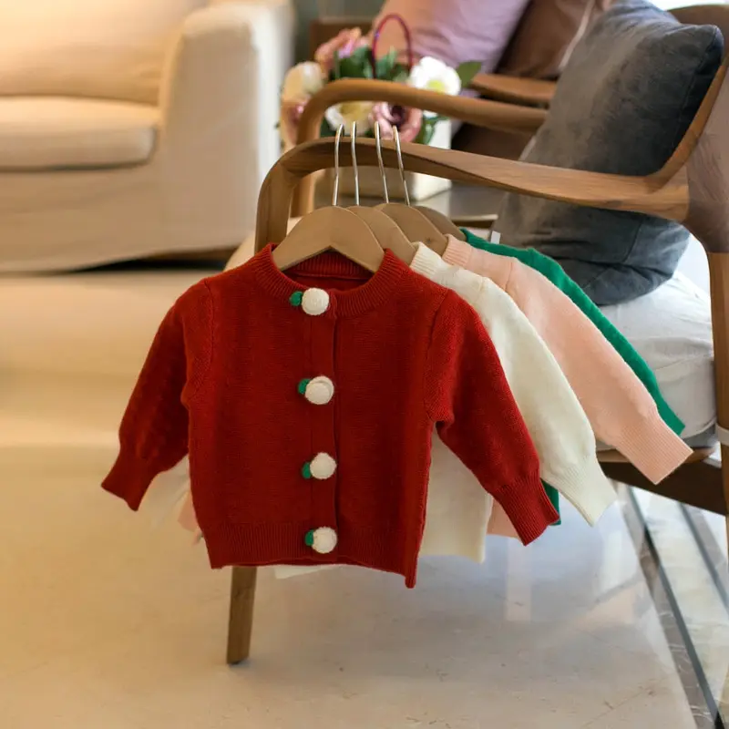 Girls' Solid Color Cardigan Crew Neck Sweater