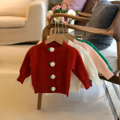 Girls' Solid Color Cardigan Crew Neck Sweater