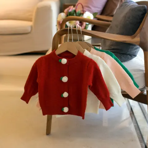 Girls' Solid Color Cardigan Crew Neck Sweater