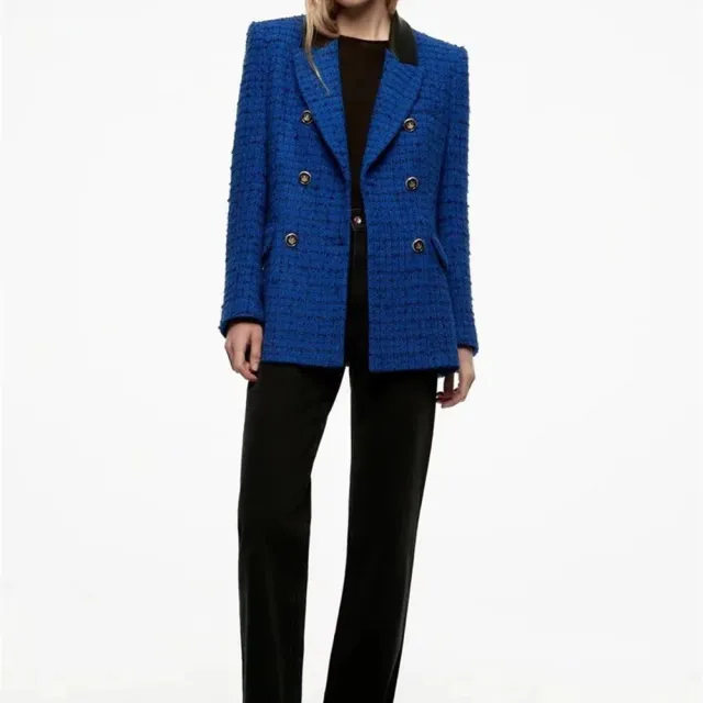 Women's Faux Leather Stitching Textured Suit Jacket Blue - Shop at LoveMi