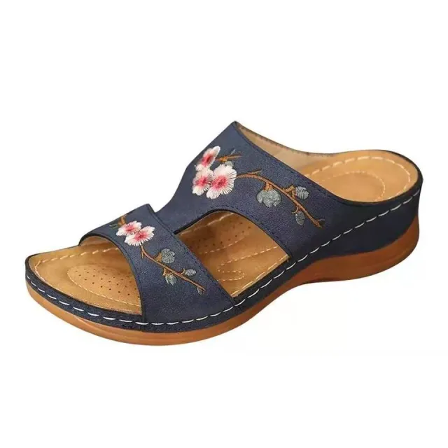 Wedge Heel Retro Stitched Embroidered Ethnic Style Women's Platform Slippers Blue - Shop at LoveMi