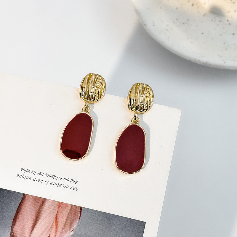 Burgundy Geometric Piece Unique Design Hong Kong Style Earrings