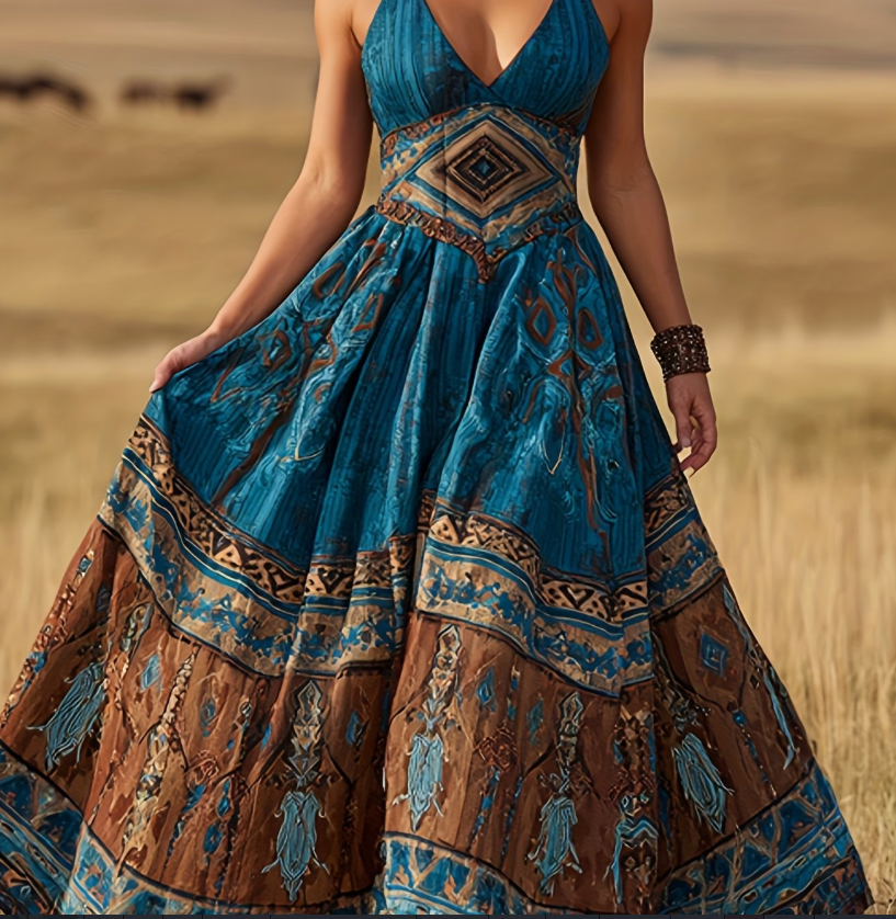 Bohemian Ethnic Style Hanging Neck V-neck Waist Cinching Large Swing Printed Long Skirt