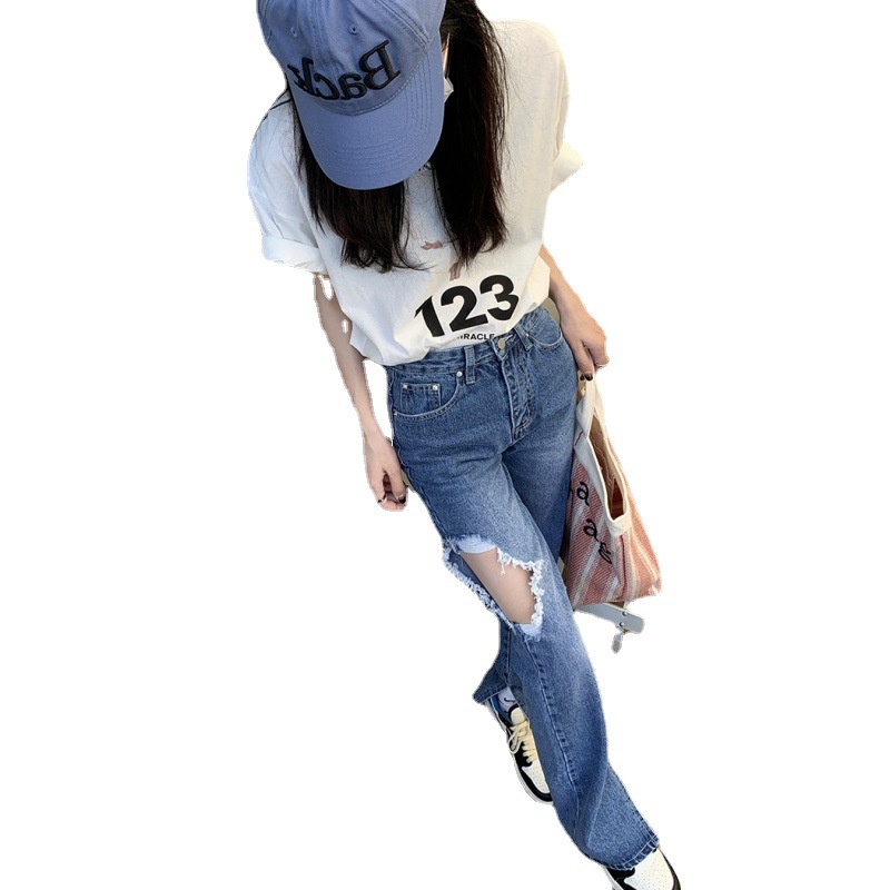 Women's High Waist Slim Jeans Washed Ripped