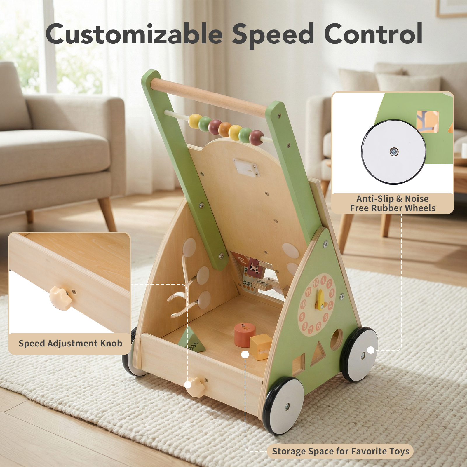 Wooden Baby Walker, Adjustable-speed Push-style Walker, Equipped With... 4
