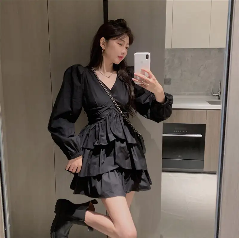 Dress, Waist, Slim, V-neck, Long-sleeved, Ruffled Cake Skirt