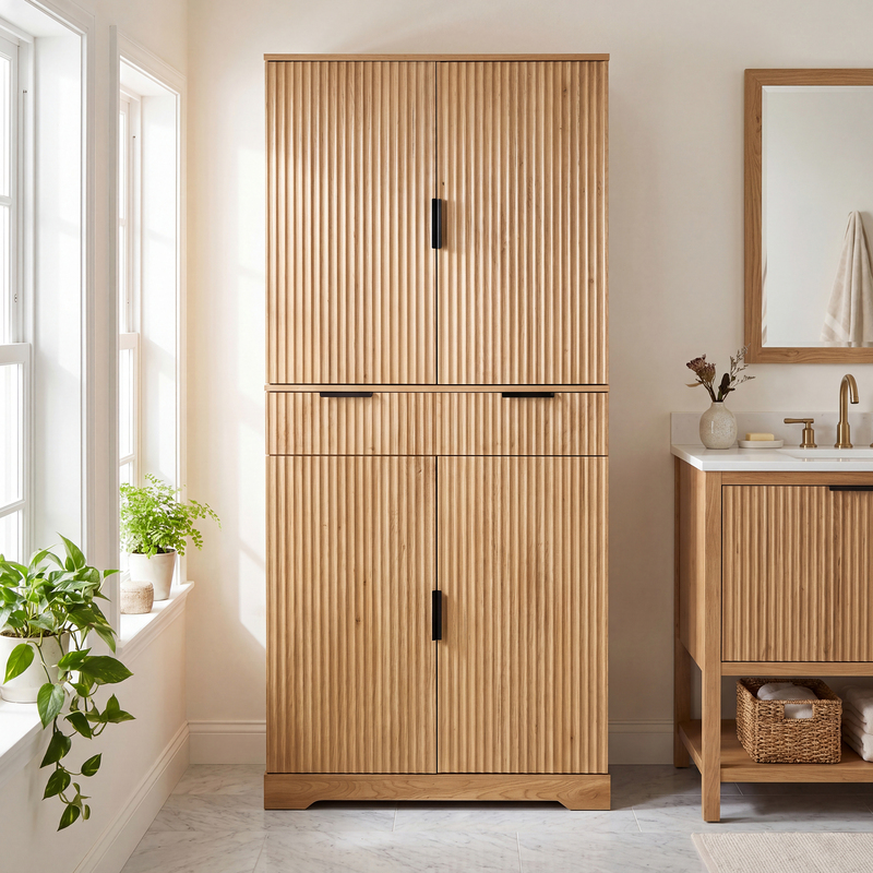 Fluted Oak Kitchen Pantry Cabinet