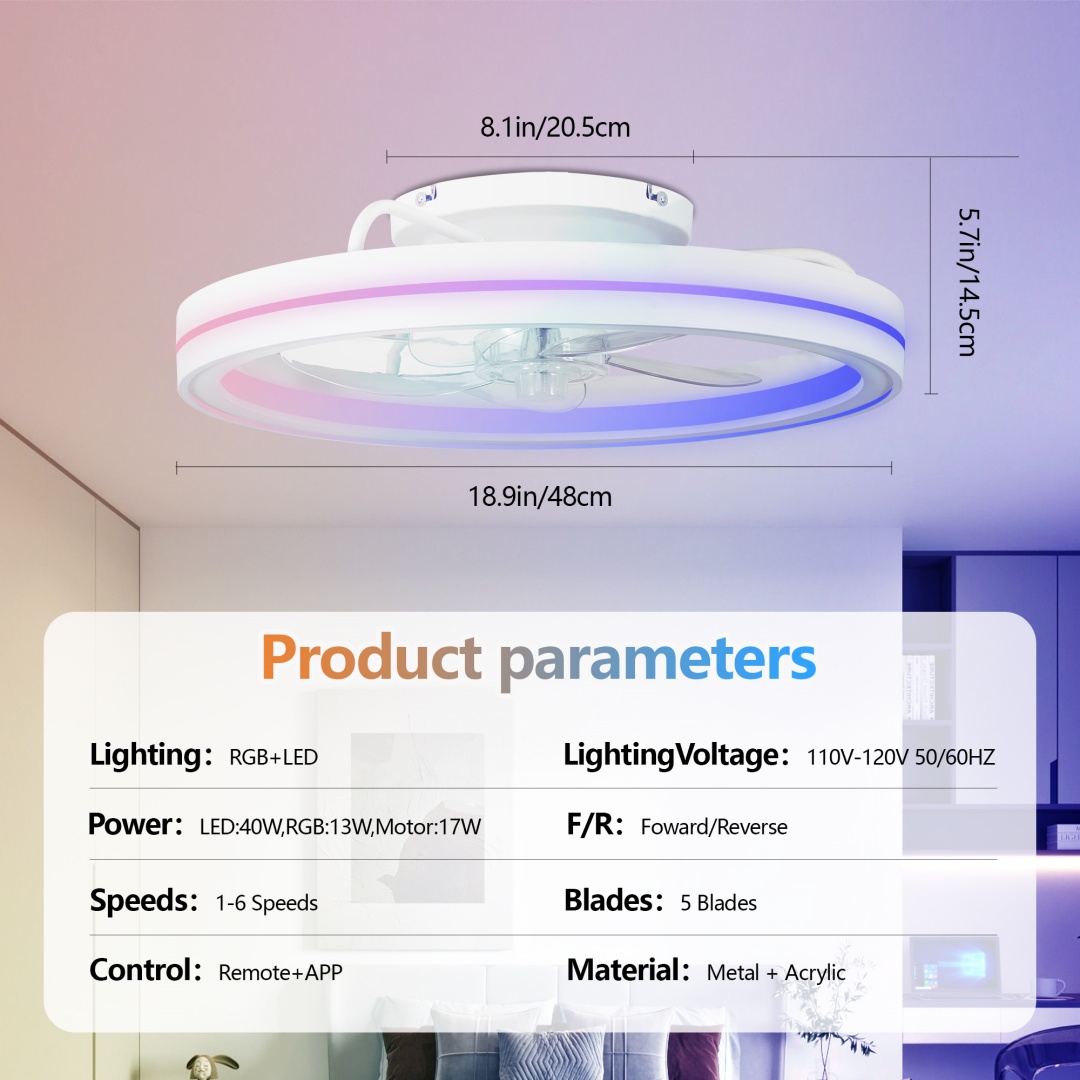 RGB Ceiling Fans With Lights, 19in Smart LED Ceiling Fan With Remote APP... 9