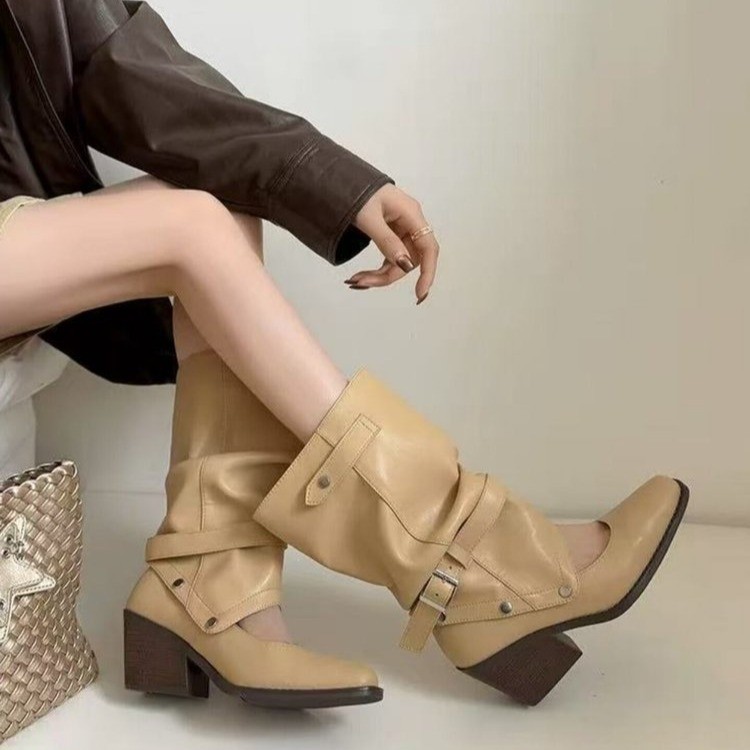 Soft Leather Version 2026 New Summer Trouser Boots, Petite High Heel Stacked Boots, Detachable Block Heel Mary Janes For Women
