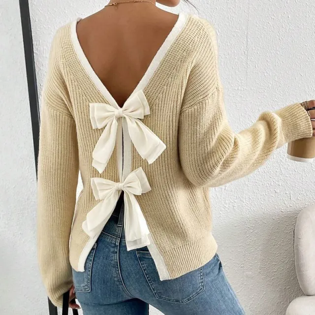 Women's Bow Sweater Long Sleeve Top, Open Back Crew Neck Split Pullover, Fall Trendy Going Out Sweater Apricot - Shop at LoveMi