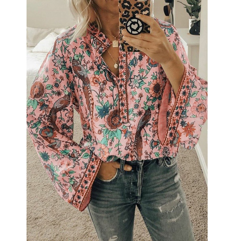 Peacock Print Loose Shirt Button Long Sleeve Shirt