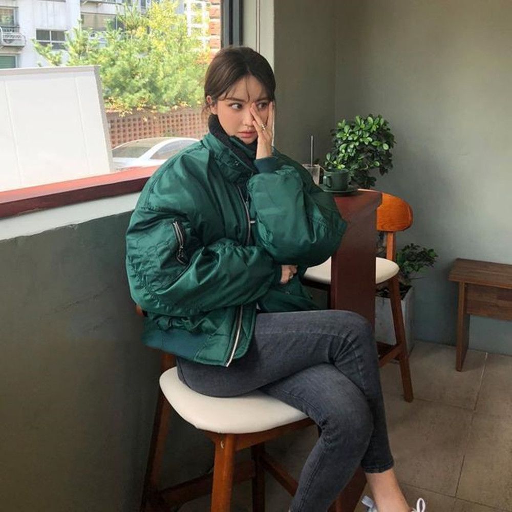 Stand Collar Lambswool Stitching Pleated Zipper Baseball Padded Jacket Green - Shop at LoveMi