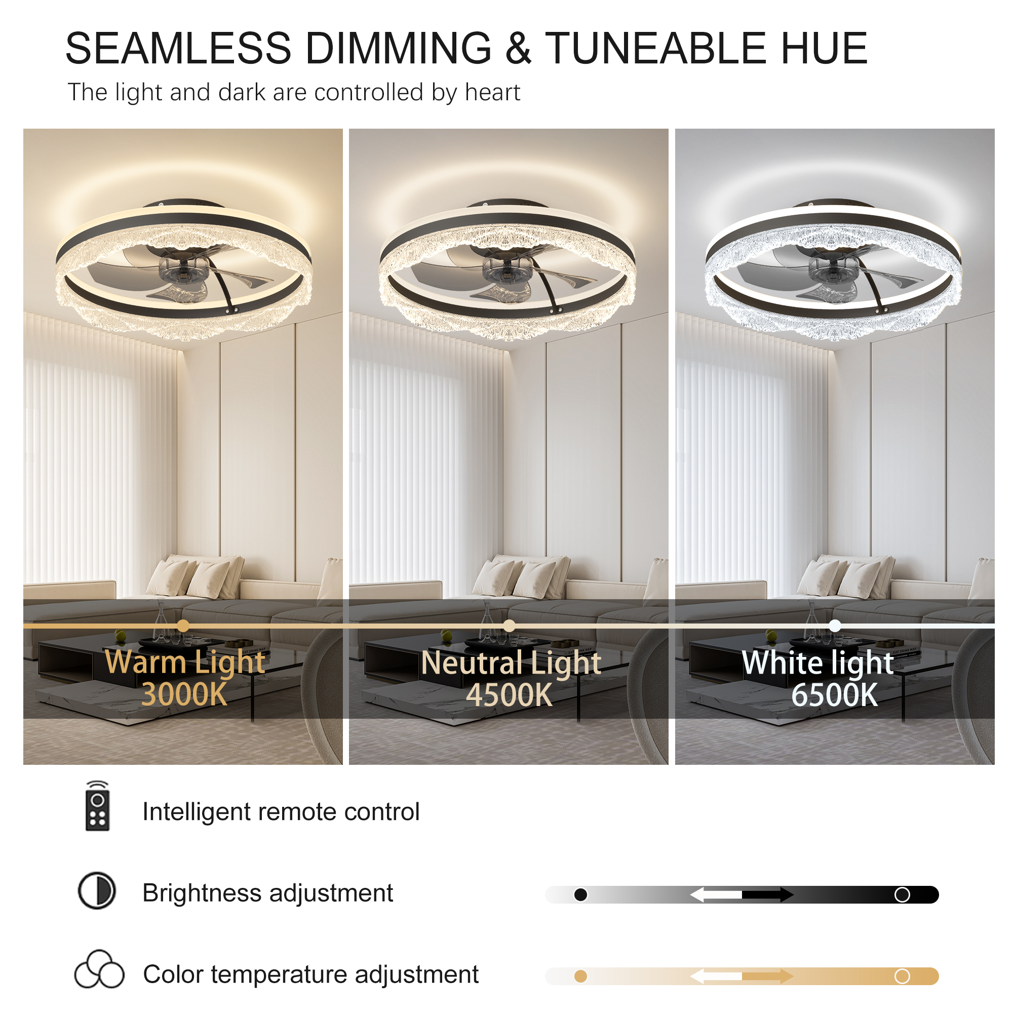 20 Smart Silent Ceiling Fan With Light  Crystal Flush Mount LED Fan Lamp With Hidden Blades And Natural Airflow System, Designed For Bedroom, Kids' Room And Study
