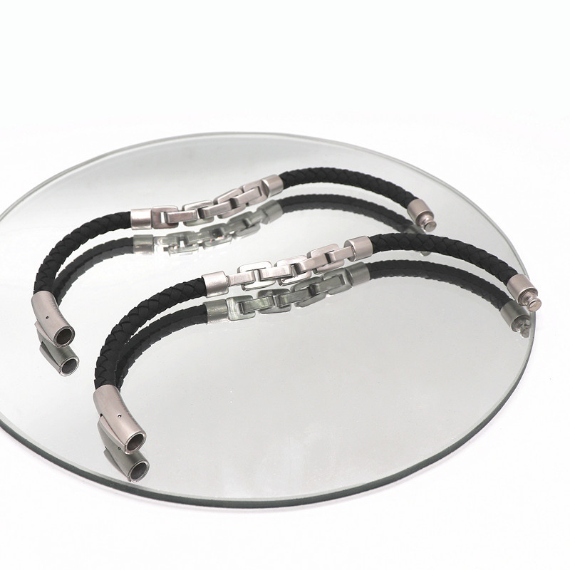 Stainless Steel Square Buckle Stitching Braided Leather Cord Bracelet