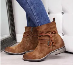 Western Boots Women Buckle Ankle Boots Side Zipper Shoes - Brown - View 1
