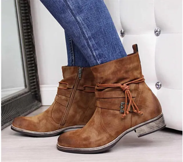 Western Boots Women Buckle Ankle Boots Side Zipper Shoes Brown - Shop at LoveMi