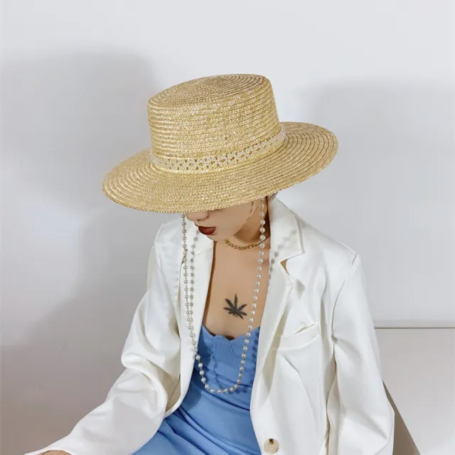 Women's Detachable Pearl Chain Flat Top Straw Hat Single Row Pearl - Shop at LoveMi