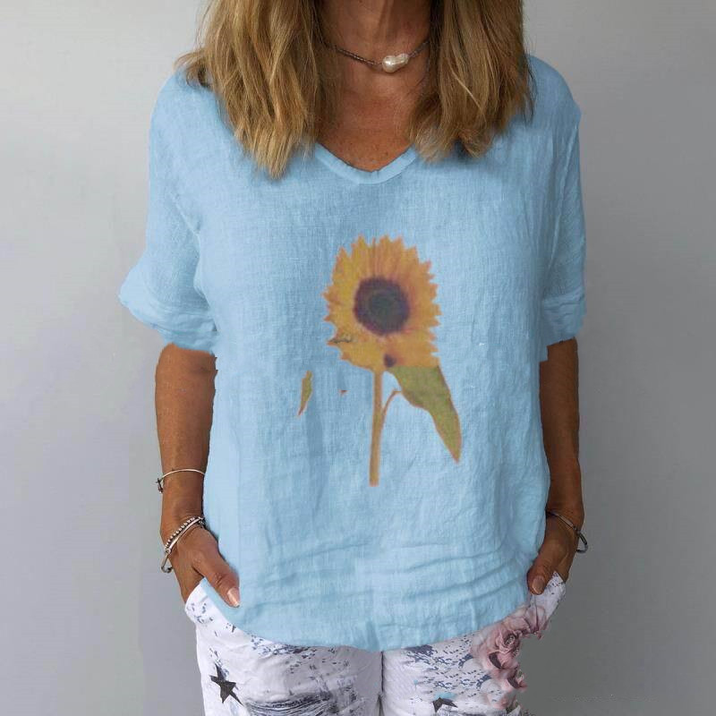 Title 2, Cotton And Linen Loose Sunflower Print Top