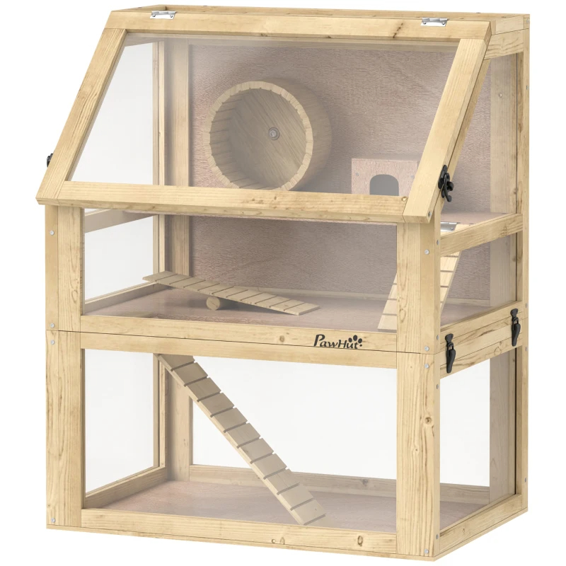 3 Tier Wooden Hamster Cage W Detachable Bottom, Hut, Seesaw, Exercise Wheel, Ramps